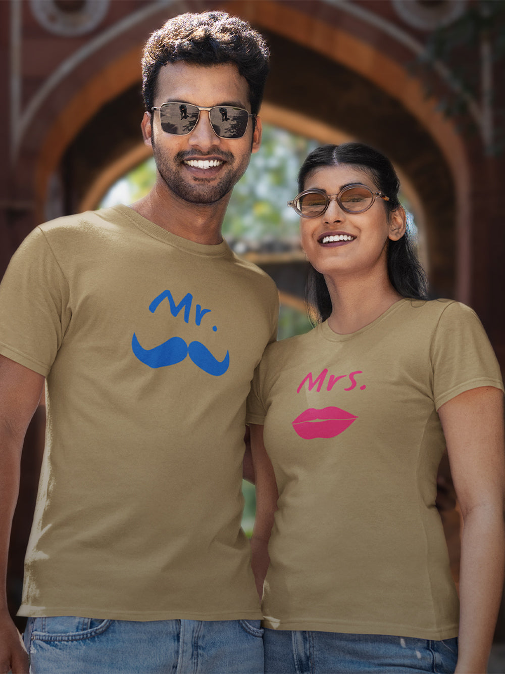 Mr. and Mrs. Couple T-Shirts Set - Beige Color